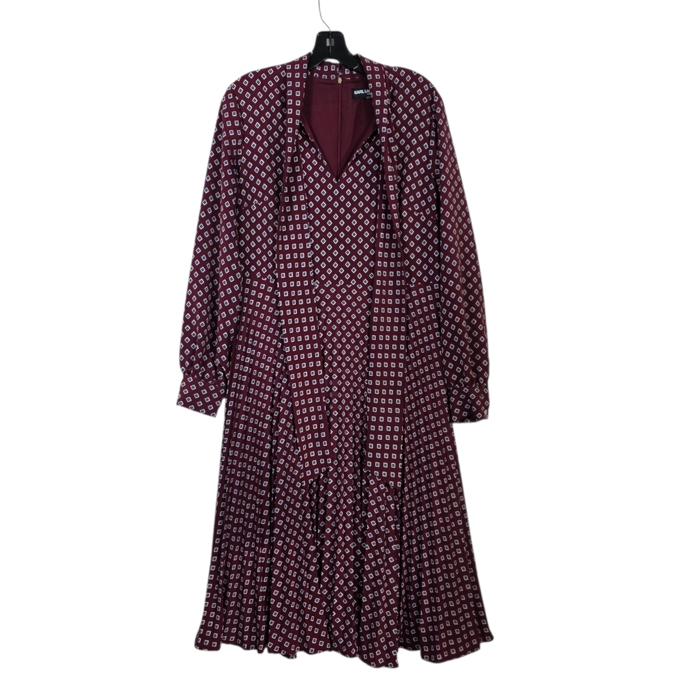 Karl Lagerfeld Burgundy Geometric print Long Sleeve tie front pleated midi Dress